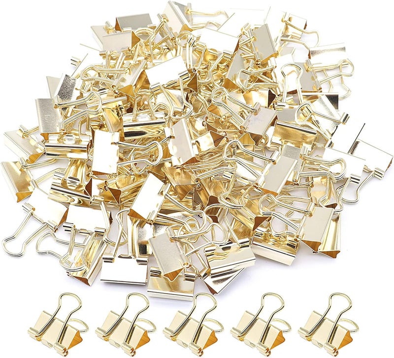 YCVIORING Gold Binder Clips, Mini Paper Clip, Small Paper Clamps 15mm (5/8 inch), 100 Pack Micro Size Office Clips for Home School and Business (Gold) - Image 1